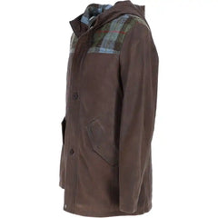 Men's Brown Hooded Leather Jacket with Plaid Shoulder