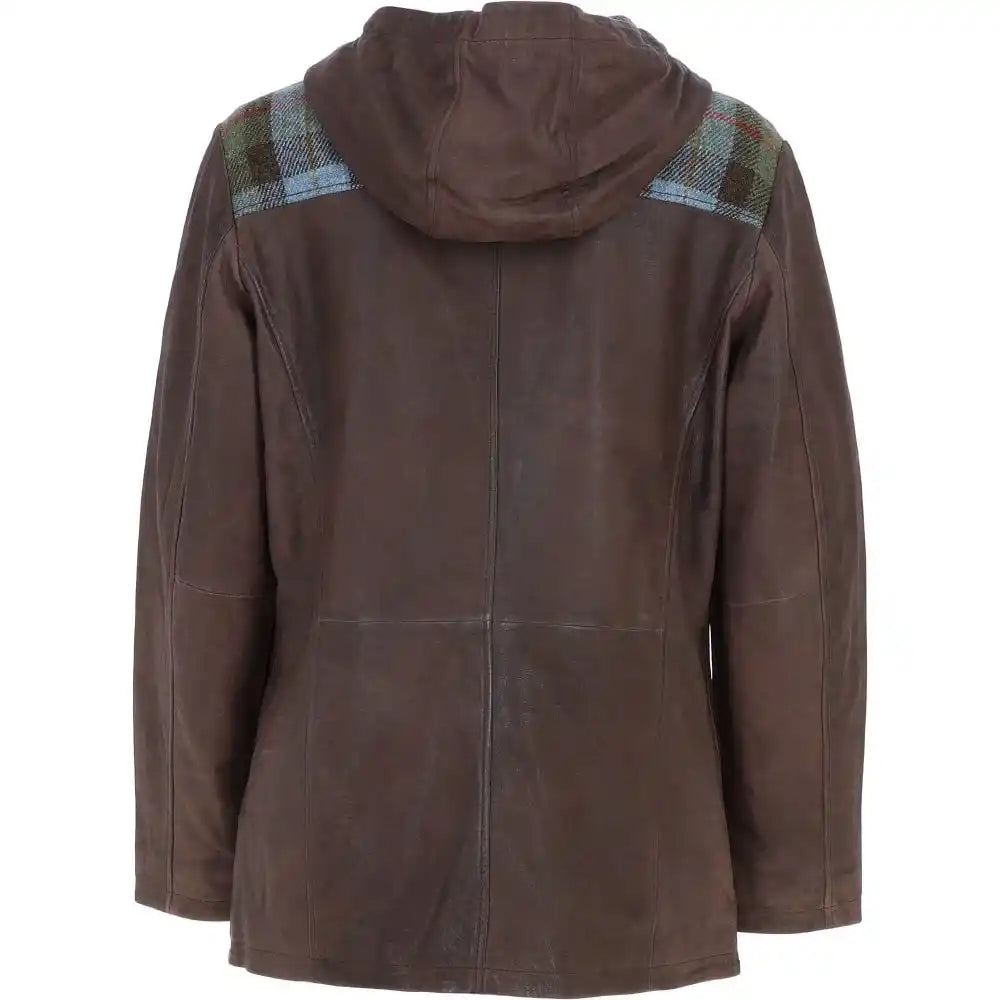 Men's Brown Hooded Leather Jacket with Plaid Shoulder