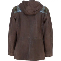 Men's Brown Hooded Leather Jacket with Plaid Shoulder