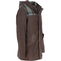 Men's Brown Hooded Leather Jacket with Plaid Shoulder