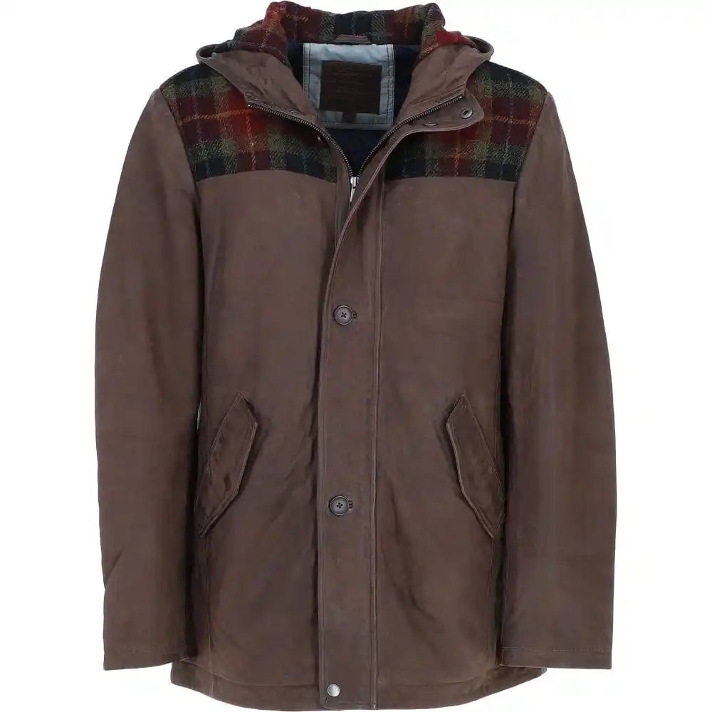 Men's Brown Hooded Leather Jacket with Red Plaid Accents