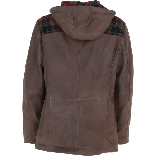 Men's Brown Hooded Leather Jacket with Red Plaid Accents