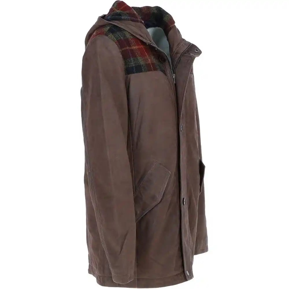 Men's Brown Hooded Leather Jacket with Red Plaid Accents