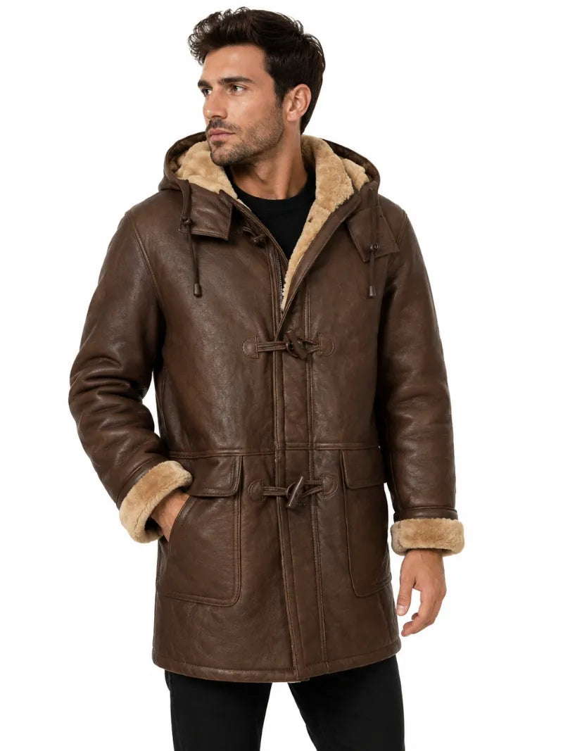 Men's Brown Leather Duffle Coat
