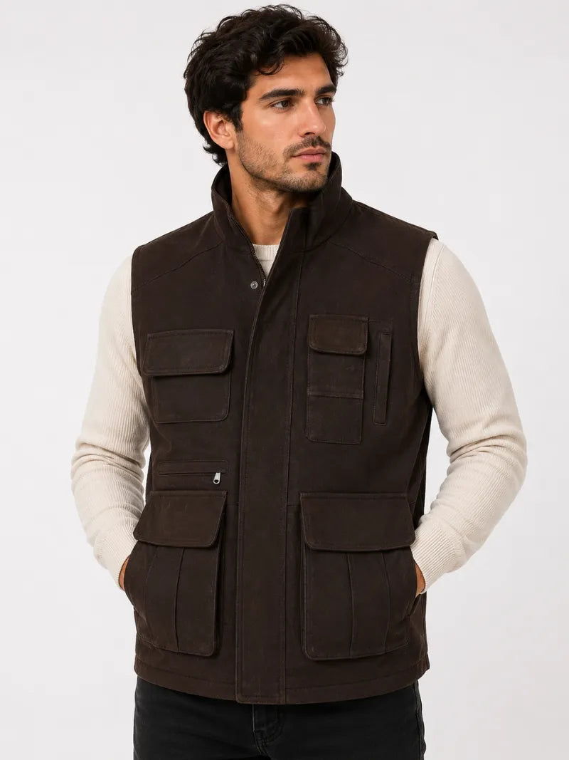 Men's Brown Leather Eight Pocket Vest