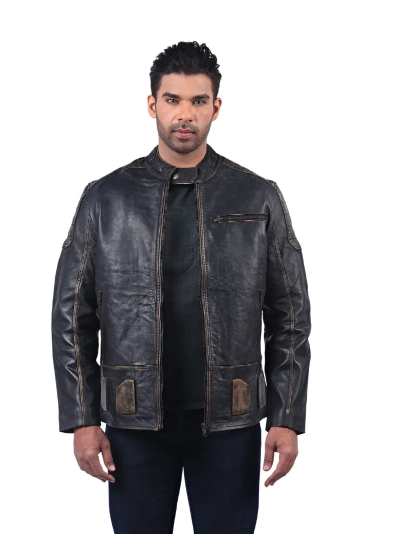 Men’s Brown Leather Jacket with Contrast Panels