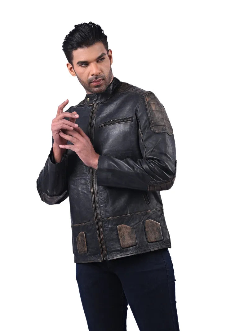 Men’s Brown Leather Jacket with Contrast Panels