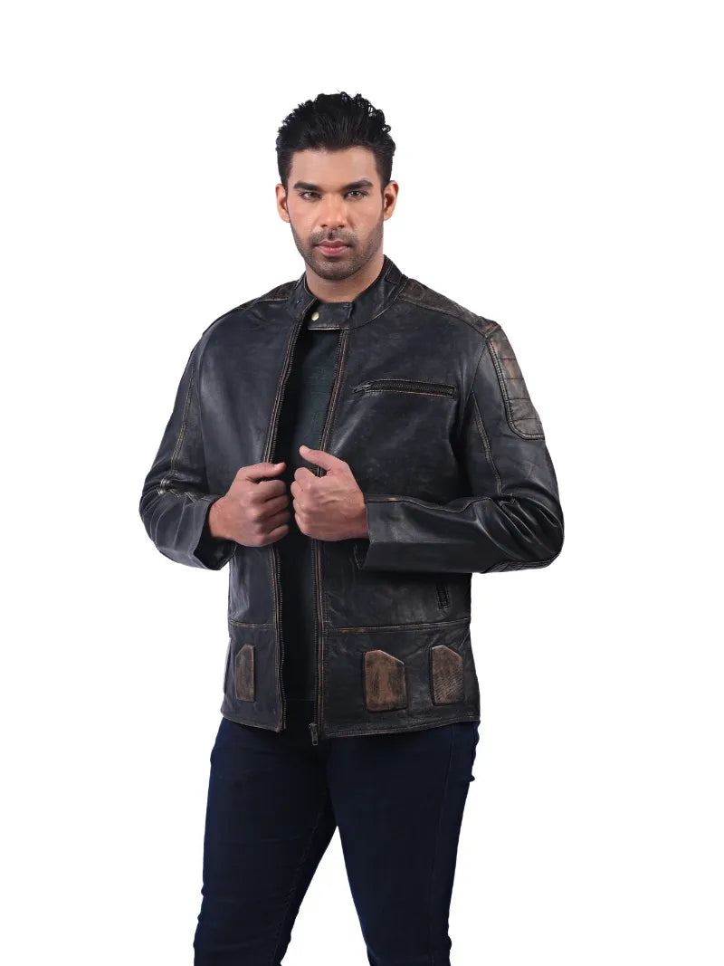 Men’s Brown Leather Jacket with Contrast Panels