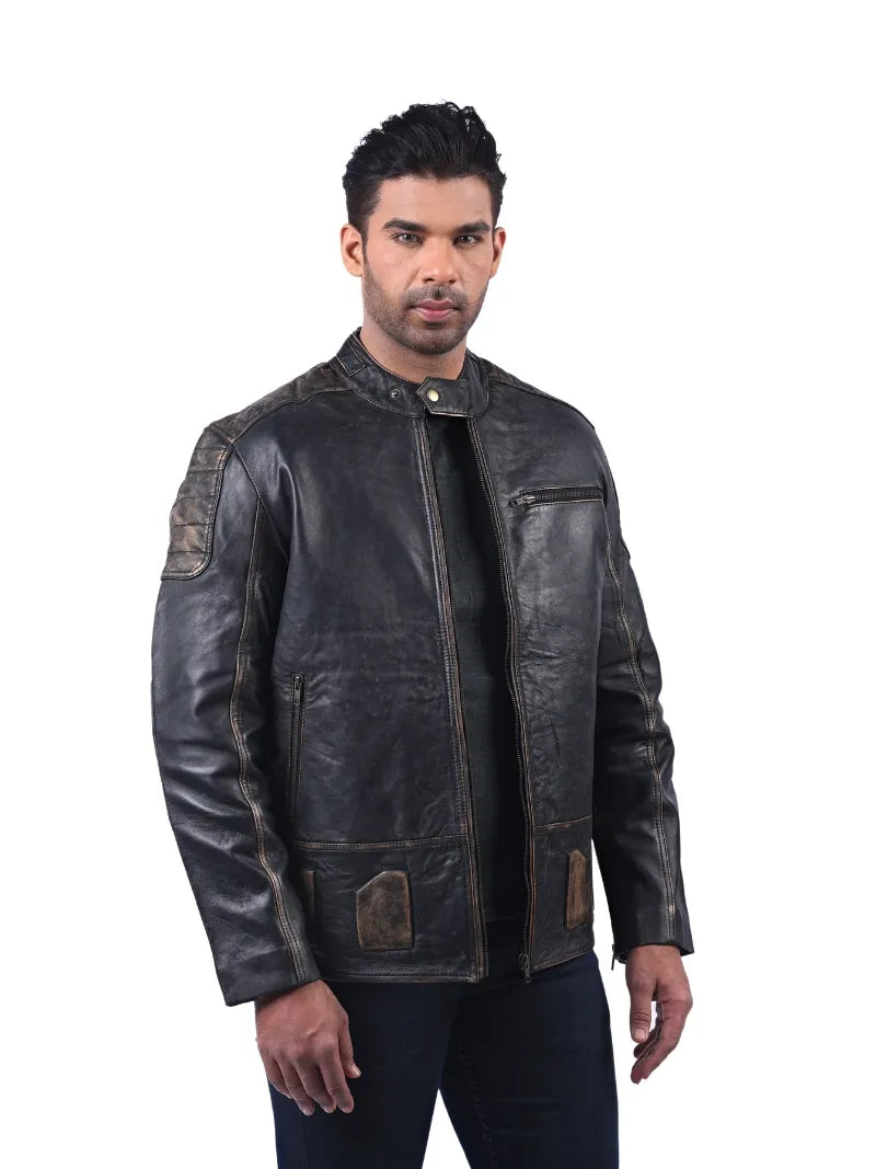 Men’s Brown Leather Jacket with Contrast Panels