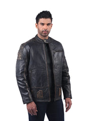 Men’s Brown Leather Jacket with Contrast Panels