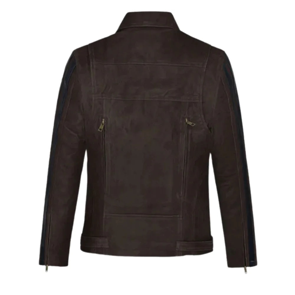 Men’s Dark Brown Leather Jacket with Dual Zippers