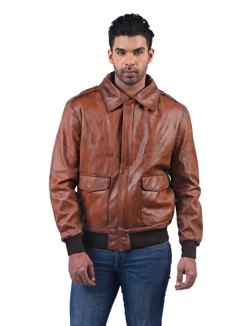 Men’s Brown Leather Jacket with Flap Pockets Full