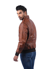 Men’s Brown Leather Jacket with Flap Pockets Left 