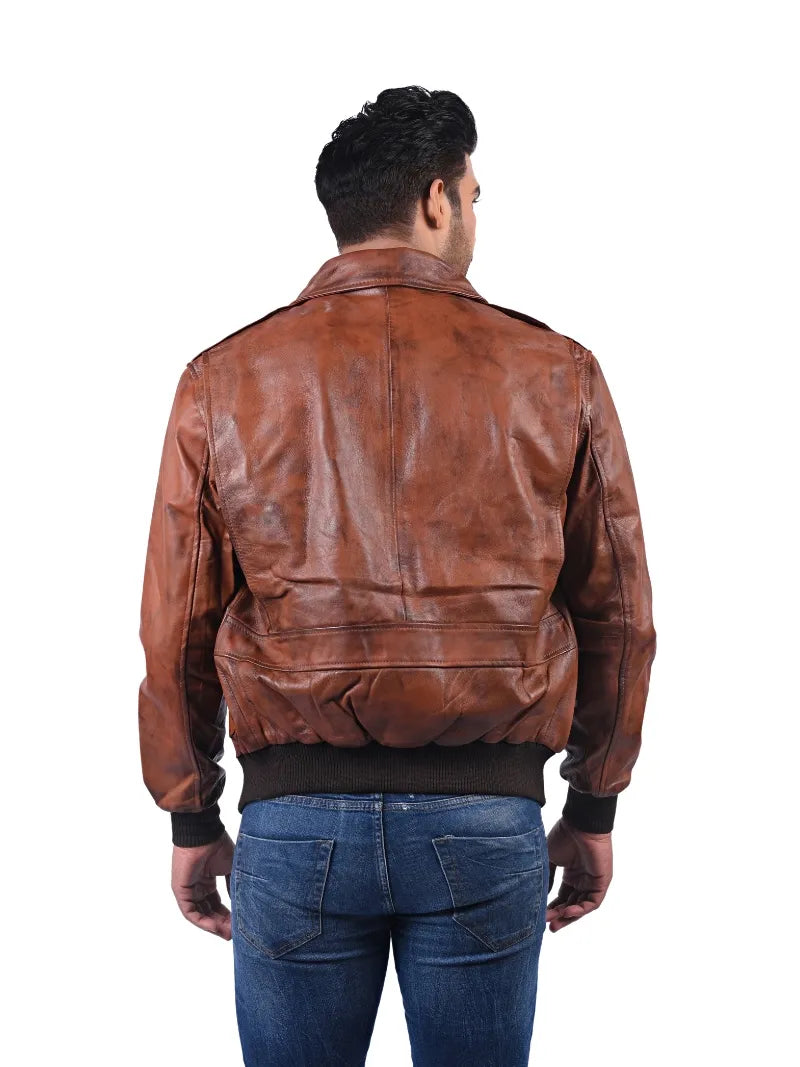 Men’s Brown Leather Jacket with Flap Pockets Back 