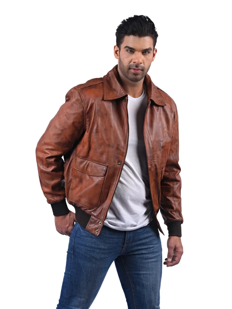 Men’s Brown Leather Jacket with Flap Pockets Right 
