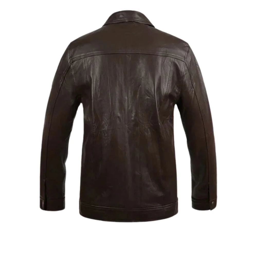 Men’s Brown Leather Jacket with Front Flap Pockets