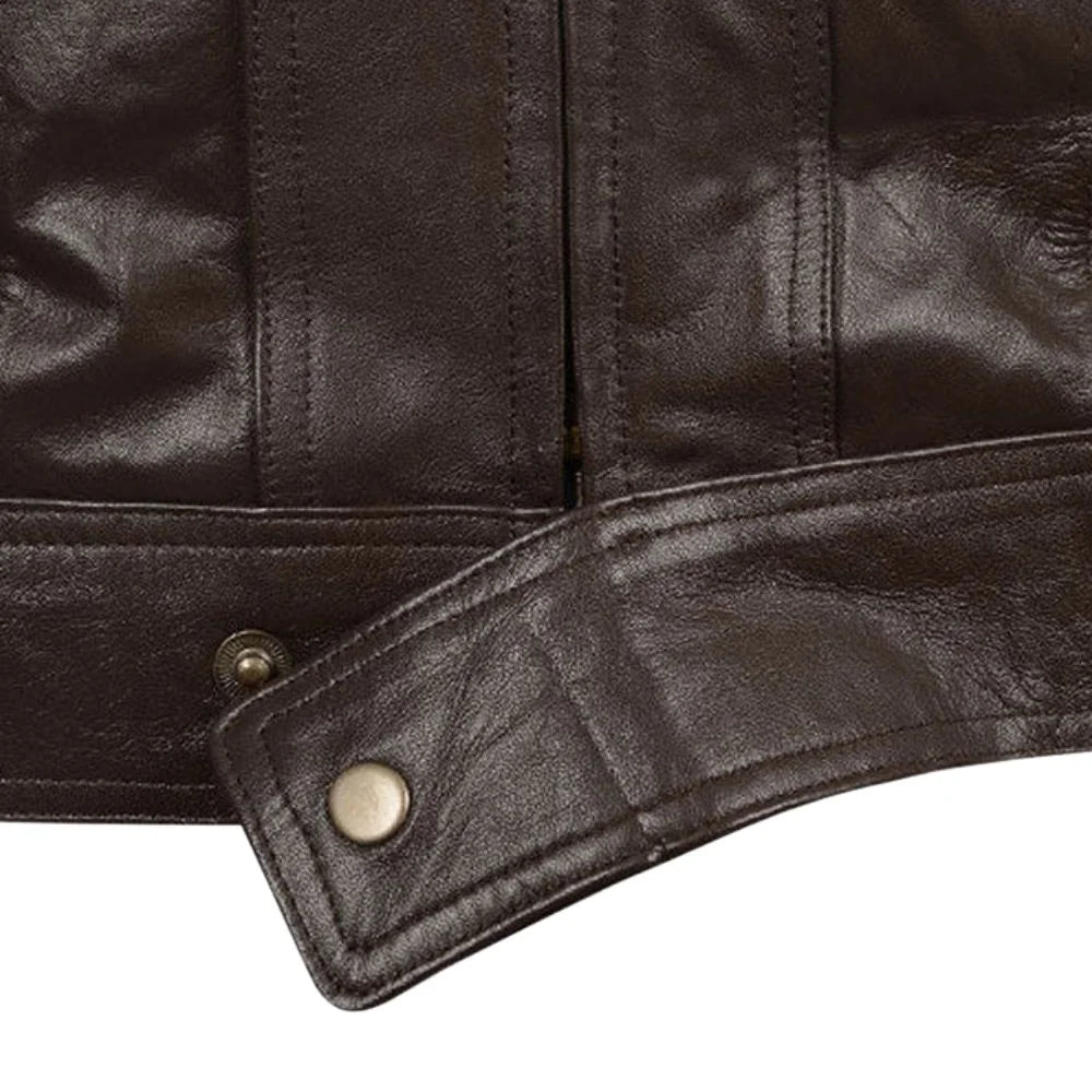 Men’s Brown Leather Jacket with Front Flap Pockets