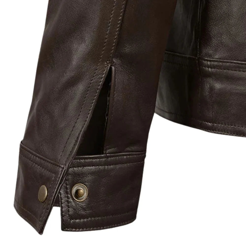 Men’s Brown Leather Jacket with Front Flap Pockets