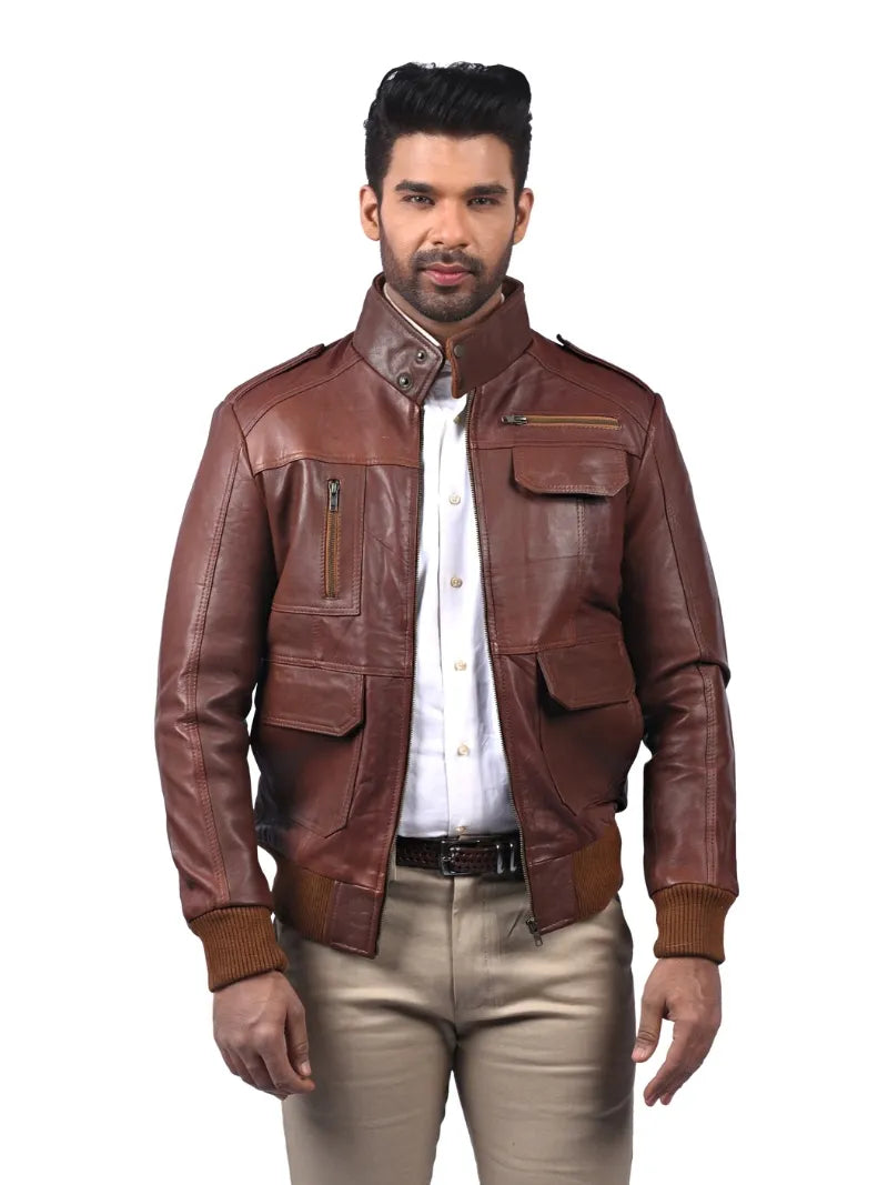 Men’s Brown Leather Jacket with High Neck Collar Front