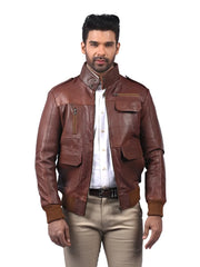 Men’s Brown Leather Jacket with High Neck Collar Front