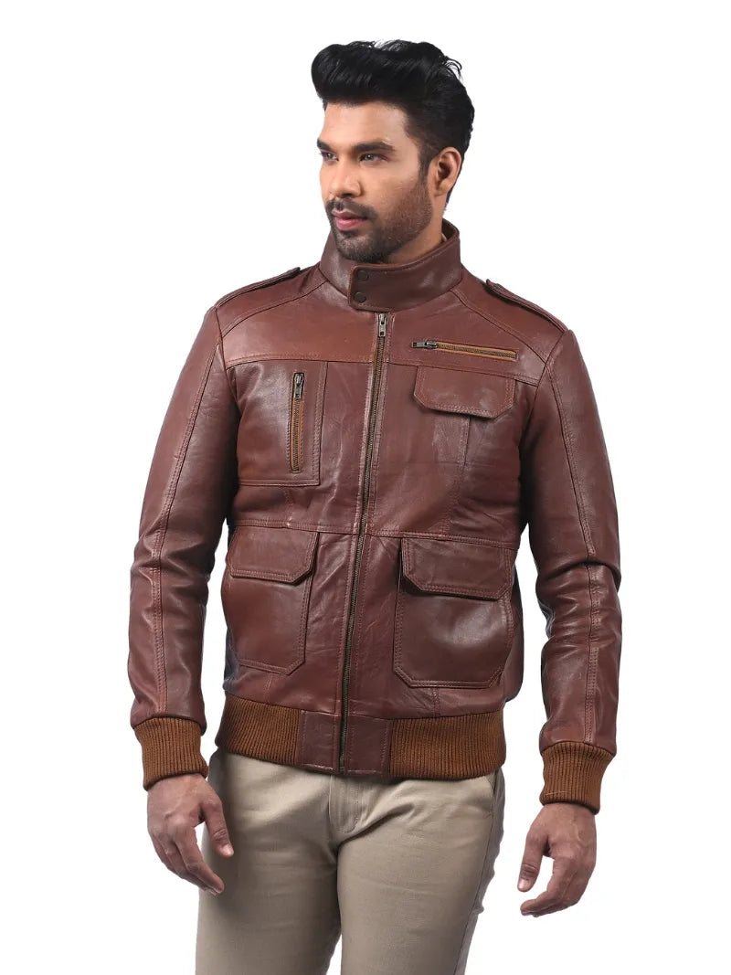 Men’s Brown Leather Jacket with High Neck Collar Left