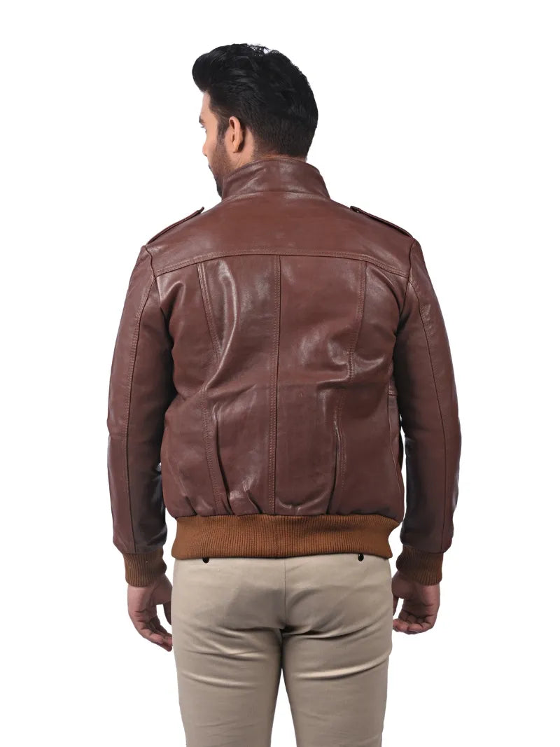 Men’s Brown Leather Jacket with High Neck Collar Back