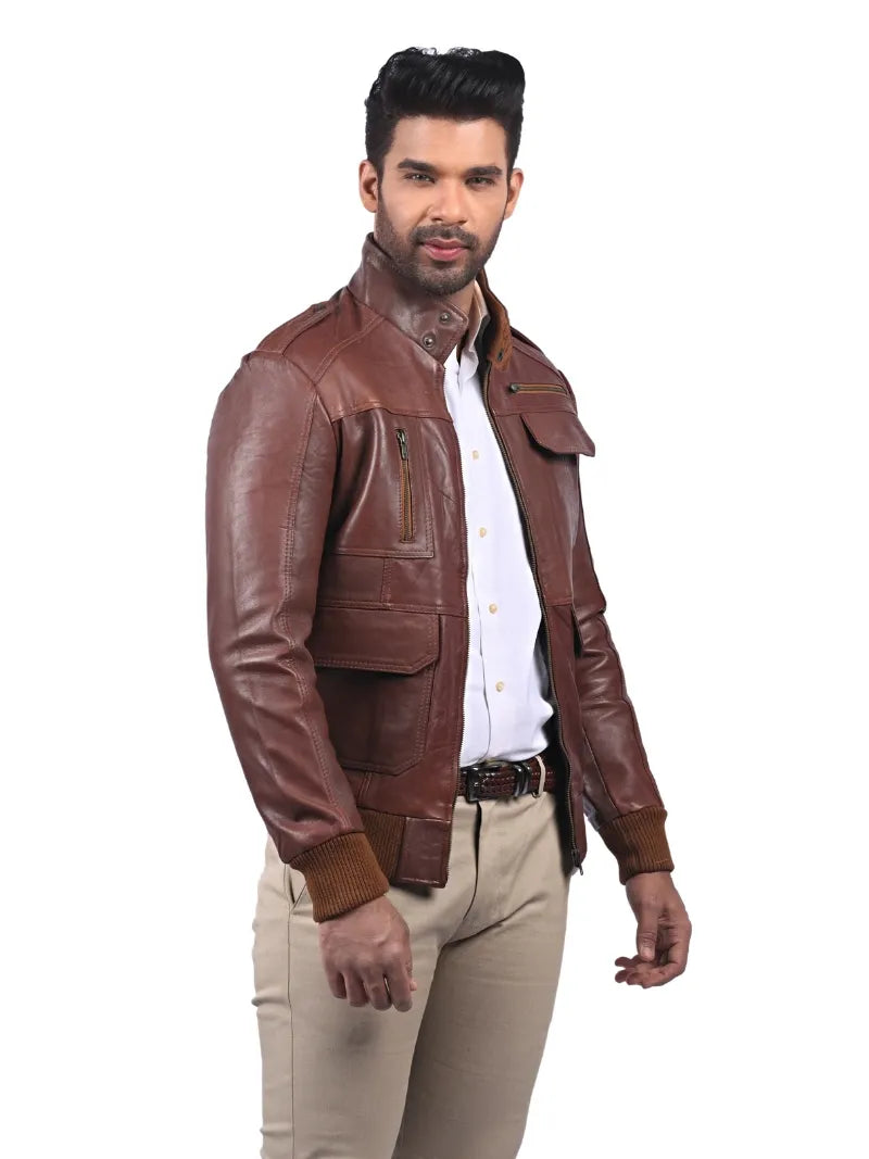 Men’s Brown Leather Jacket with High Neck Collar Right