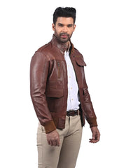 Men’s Brown Leather Jacket with High Neck Collar Right