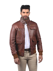 Men’s Brown Leather Jacket with High Neck Collar Full
