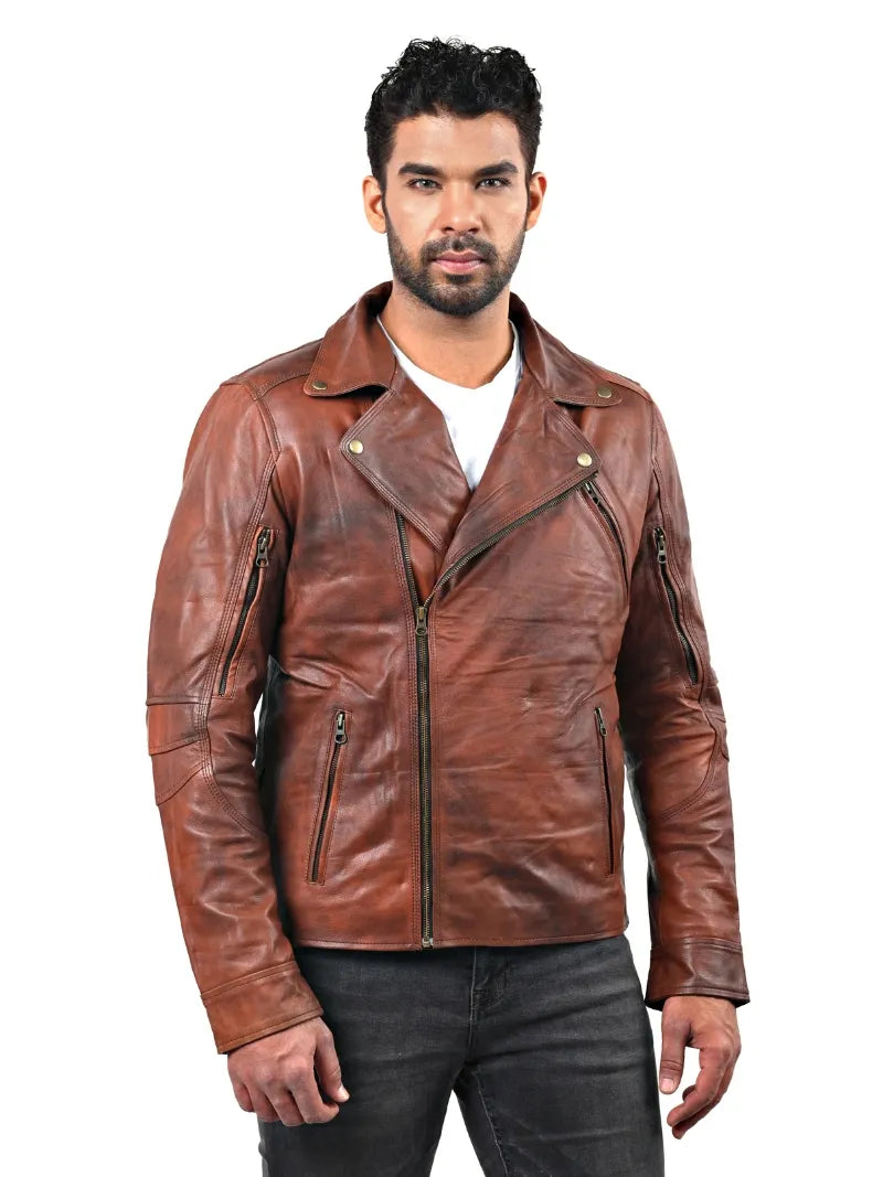 Men's brown sheepskin leather jacket, front view