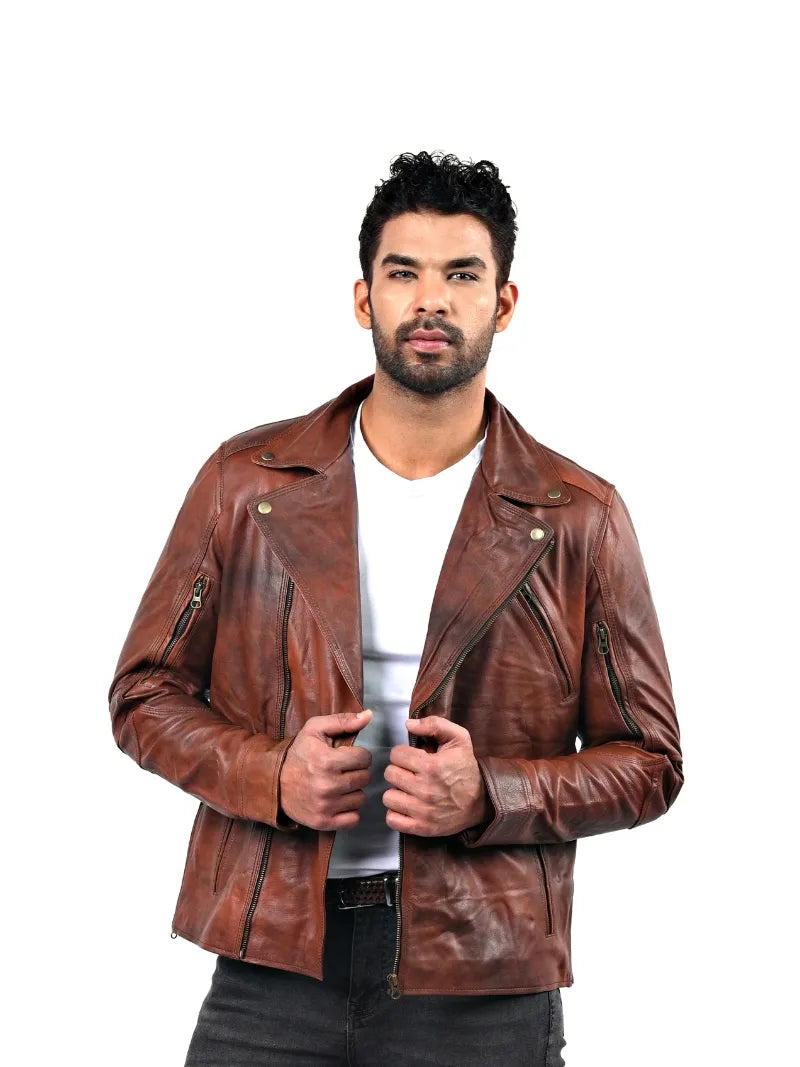 Men's brown sheepskin leather jacket, closure detail