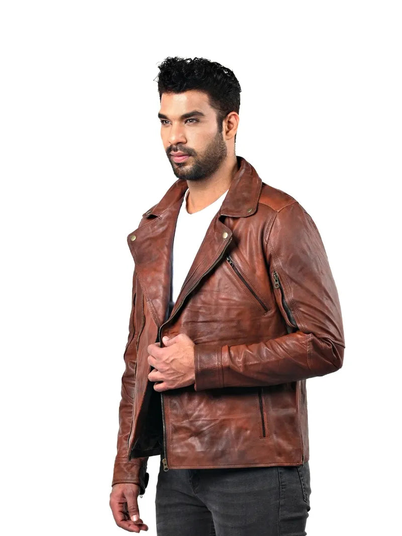 Men's brown sheepskin leather jacket, collar detail