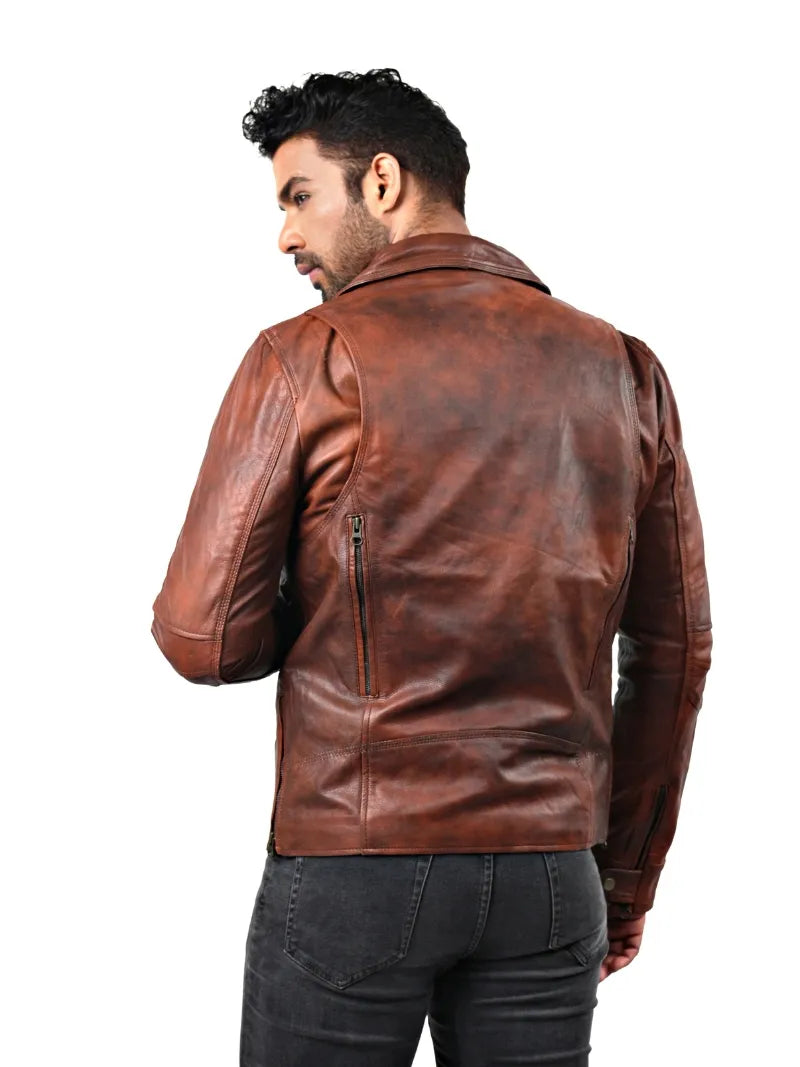Men's brown sheepskin leather jacket, back view