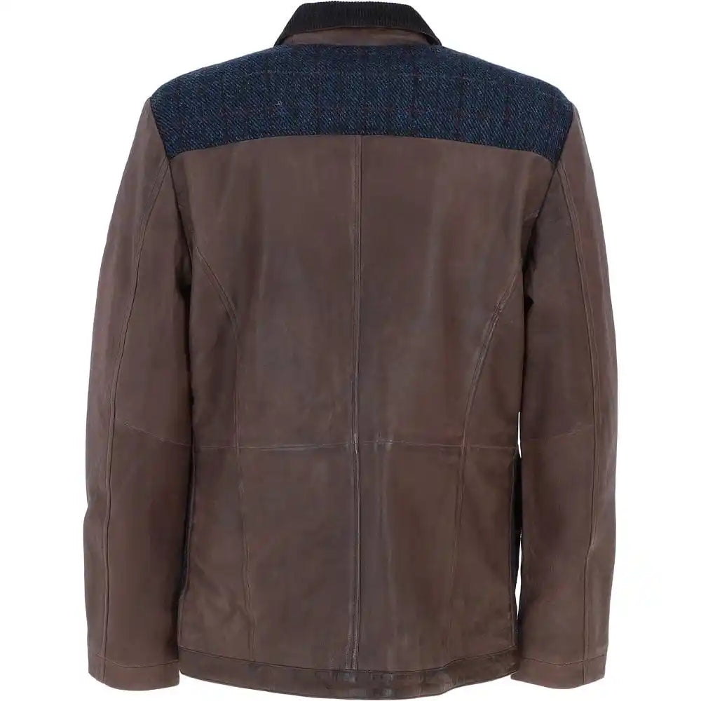 Men's Brown Leather Jacket with Navy Blue Plaid Wool Panels