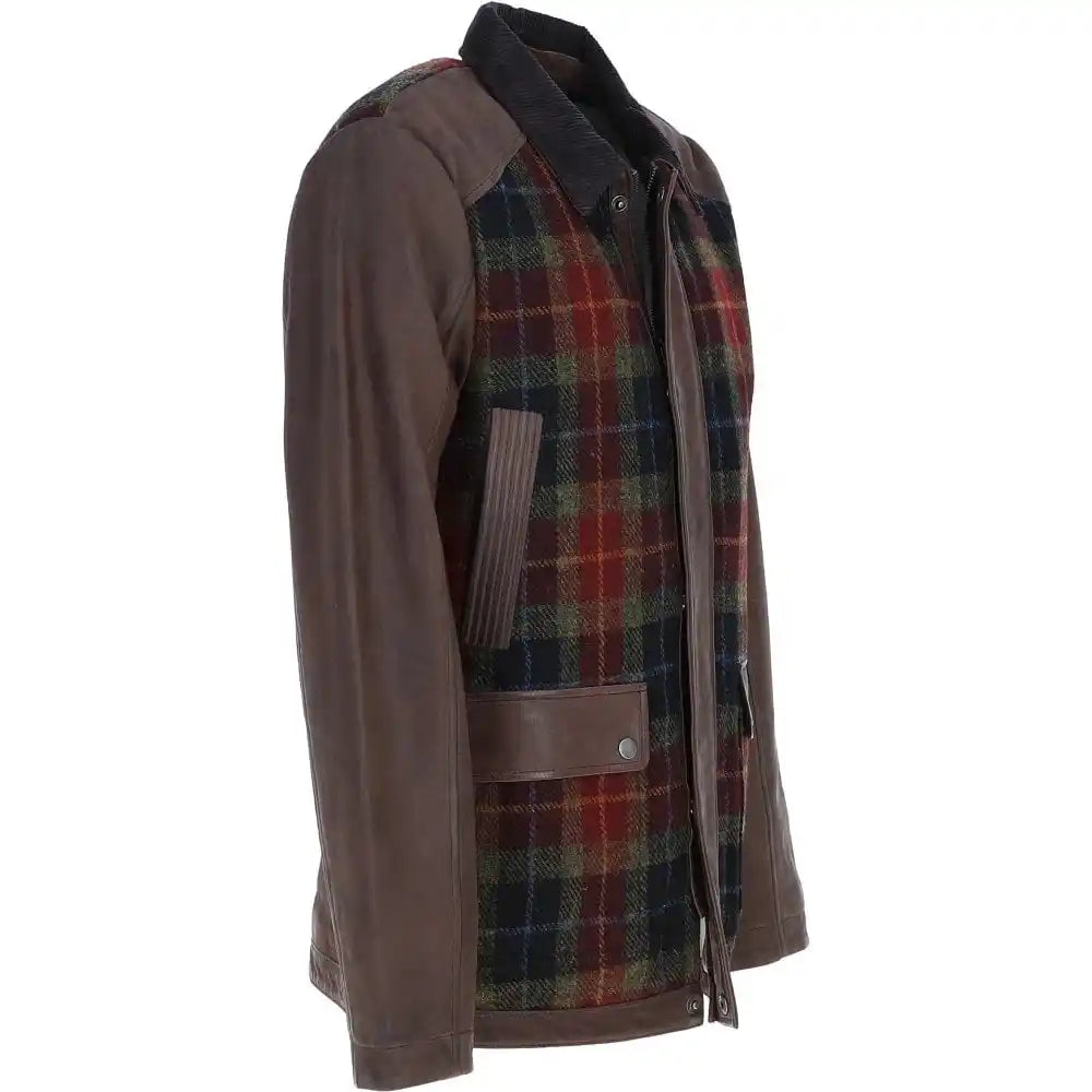 Men's Brown Leather Jacket with Plaid Wool Panels