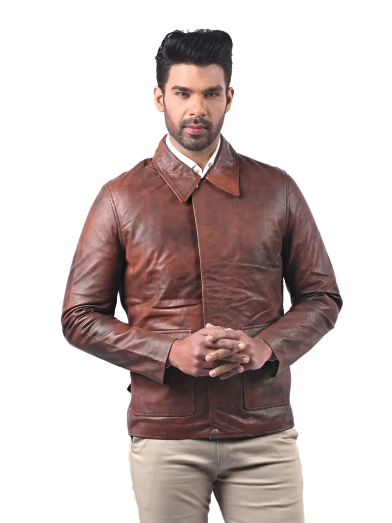 Men’s Brown Leather Jacket with Pointed Collar Full
