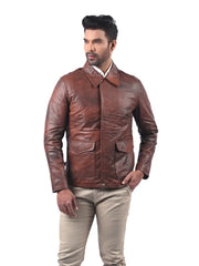 Men’s Brown Leather Jacket with Pointed Collar Right