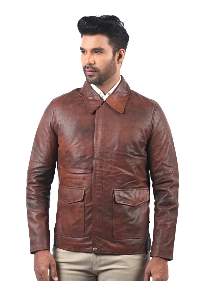 Men’s Brown Leather Jacket with Pointed Collar Left