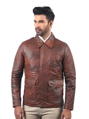 Men’s Brown Leather Jacket with Pointed Collar Left