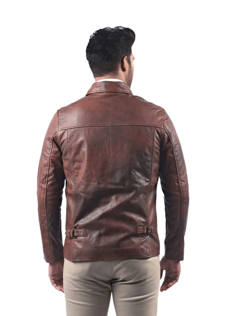 Men’s Brown Leather Jacket with Pointed Collar Back
