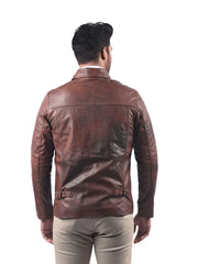 Men’s Brown Leather Jacket with Pointed Collar Back