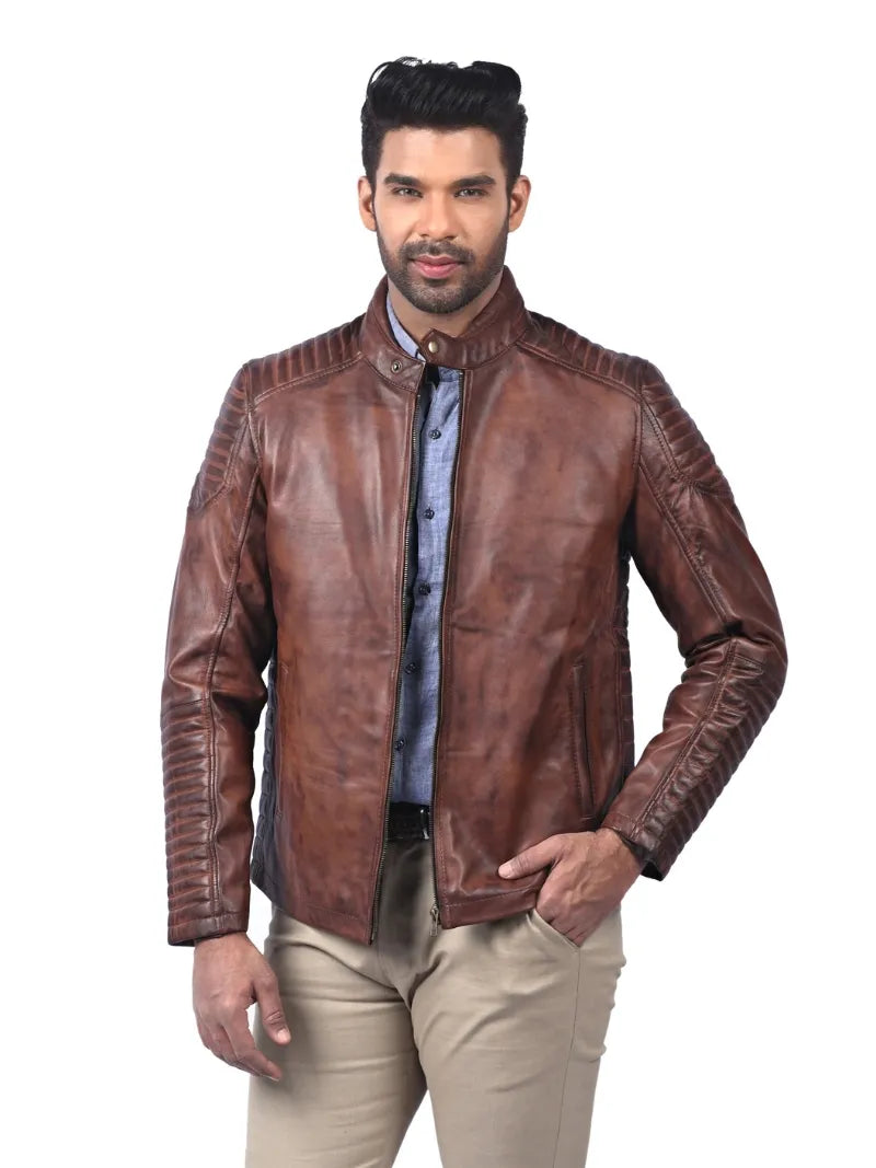 Men’s Brown Leather Jacket with Ribbed Sleeves Front 
