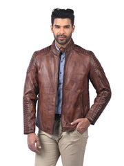 Men’s Brown Leather Jacket with Ribbed Sleeves Front 