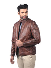 Men’s Brown Leather Jacket with Ribbed Sleeves Left