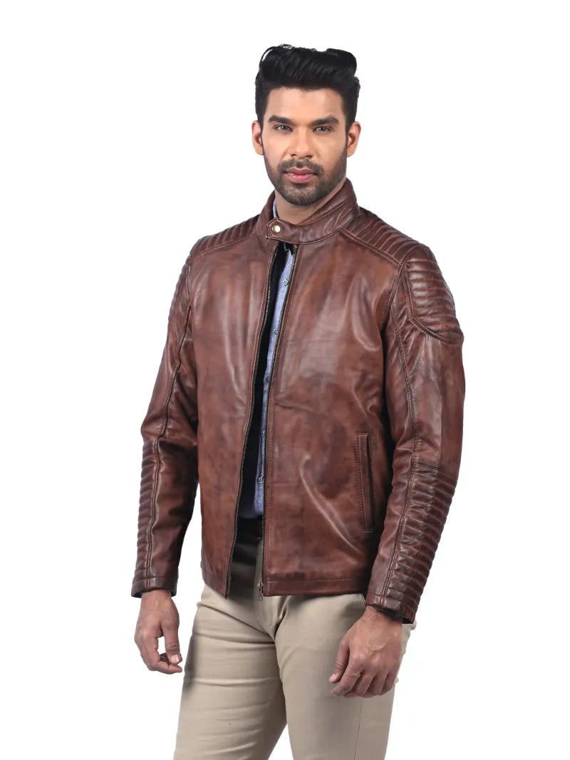 Men’s Brown Leather Jacket with Ribbed Sleeves Left