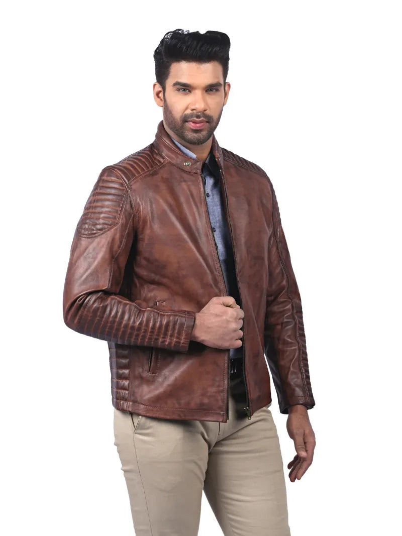 Men’s Brown Leather Jacket with Ribbed Sleeves Right