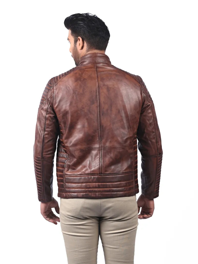 Men’s Brown Leather Jacket with Ribbed Sleeves Back