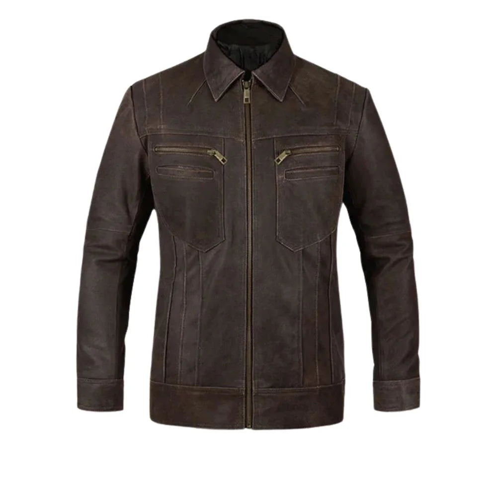 Men’s Brown Leather Jacket with Shirt Collar