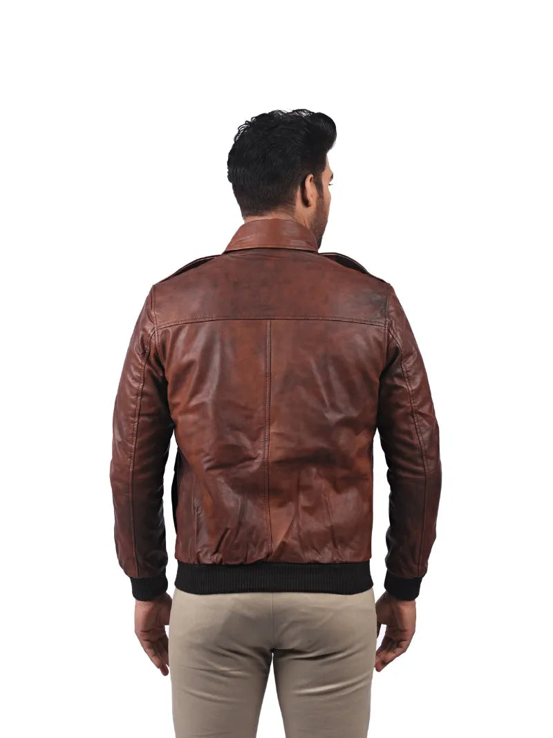 Men’s Brown Leather Jacket with Shirt Collar Back
