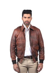 Men’s Brown Leather Jacket with Shirt Collar Front